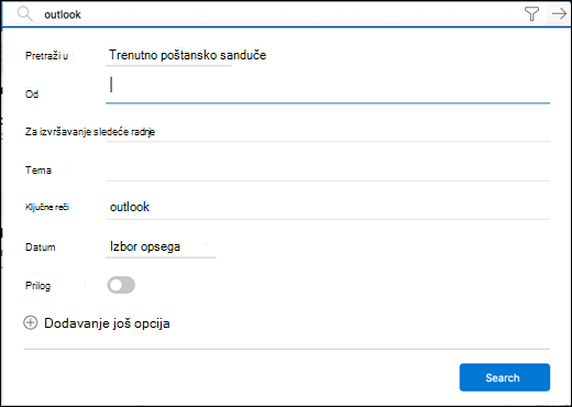 Meni filtera za pretraživanje.