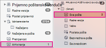 Uporedni prikaz lista Exchange i Gmail fascikli sa istaknutim fasciklama arhive