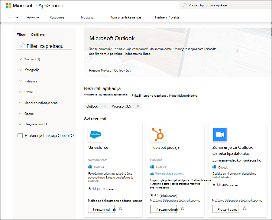 Microsoft Outlook programski dodaci u usluzi AppSource