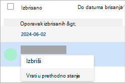 Snimak ekrana izbrisanog kontakta i izbora stavke 