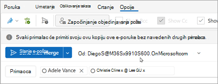 Započnite objedinjavanje pošte sa primaocima. Svaki primalac će dobiti vlastitu kopiju e-poruke bez navedenih primalaca.
