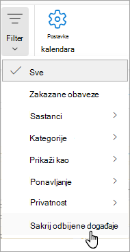 Snimak ekrana filtera u Calendar-u koji prikazuje opciju 