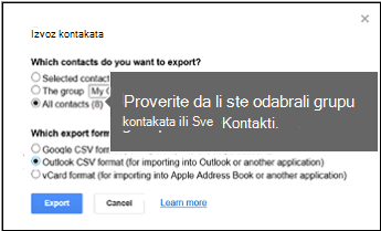Odaberite kontakte za izvoze i Outlook csv format za izvoz Google kontakata