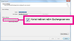 Polje za potvrdu „Koristi keširani Exchange režim“ u dijalogu „Promeni nalog“