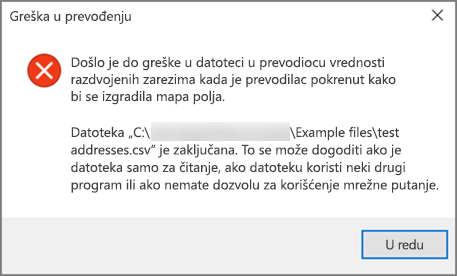 Ovo je poruka o grešci koju ćete dobiti ako .csv datoteka sadrži loše oblikovane podatke.
