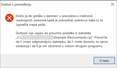 Ovo je poruka o grešci koju ćete dobiti kada .csv datoteka bude prazna.