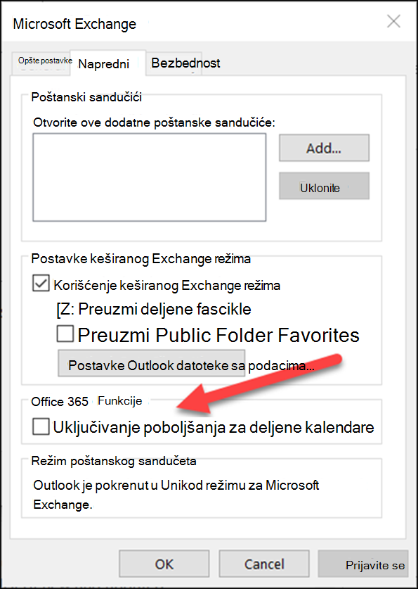 Poboljšanja za deljene kalendare možete da uključite pomoću polja za potvrdu.