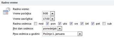 Odeljak „Radno vreme“ u dijalogu „Opcije programa Outlook“