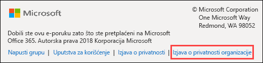 Podnožje poruke dobrodošlice za goste za Office 365 grupe