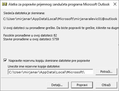 Prikazuje rezultate skenirane Outlook .pst datoteke sa podacima pomoću alatke za popravljanje Microsoft prijemnog poštanskog sandučeta, SCANPST.EXE