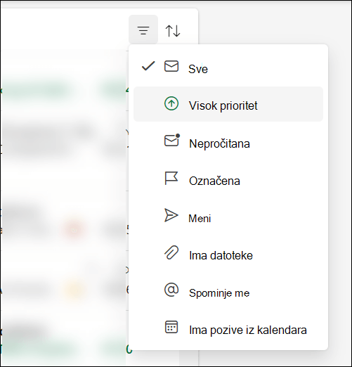 Meni filtera poruka u programu Outlook koji prikazuje da je opcija 