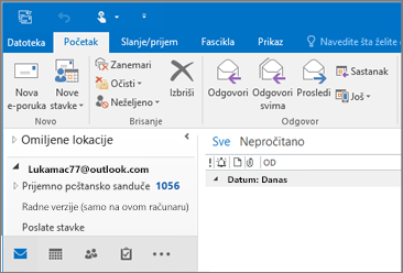 Slika kako izgleda kada imate Outlook.com nalog u Outlook 2016.