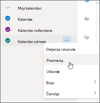 Snimak ekrana kontekstualnog menija kalendara sa izabranom stavkom „Preimenuj“