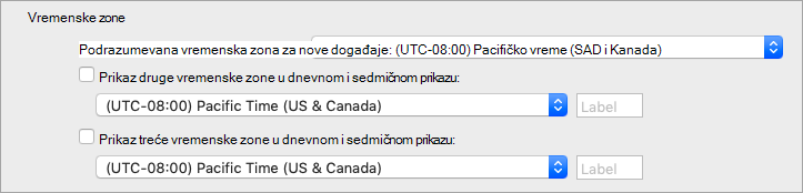Prikazuje drugu i treću vremensku zonu u željenim postavkama Calendar