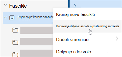 Snimak ekrana koji prikazuje izbor za dodavanje deljene fascikle ili poštanskog sandučeta