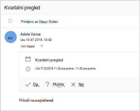 Snimak ekrana pozivnice za sastanak poslate delegatu