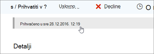 Snimak ekrana koji prikazuje da je prihvaćen događaj iz kalendara.