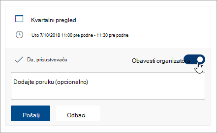 Snimak ekrana preklopnika „Obavesti organizatora“