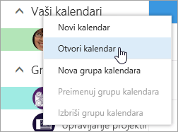 Snimak ekrana kontekstualnog menija za Druge Kalendare, sa izabranim Otvorenim kalendarom.