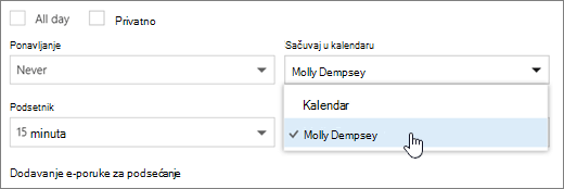 Snimak ekrana menija „Sačuvaj u kalendaru“.