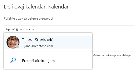 Snimak ekrana dijaloga „Deljenje ovog kalendara“.
