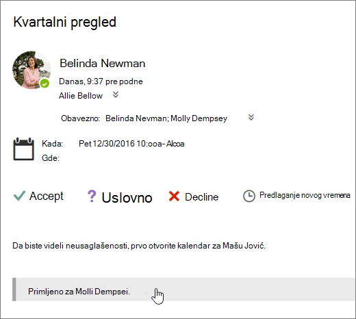 Snimak ekrana pozivnice za sastanak poslate u deljeni kalendar.