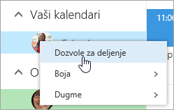 Snimak ekrana kontekstualnog menija za vaš kalendar, sa izabranim dozvolama za deljenje.