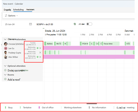 Snimak ekrana prikazuje pomoćnik za planiranje u novom programu Outlook za pronalaženje vremena za sastanke