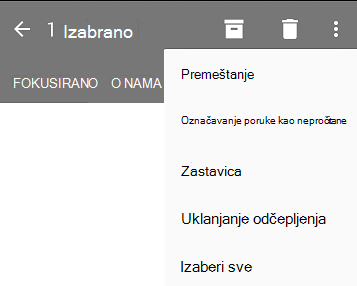 Padajuća lista prikazuje ove opcije: Premesti, Označi kao nepročitano, Označi zastavicom, Ukloni zastavicu, Izaberi sve.