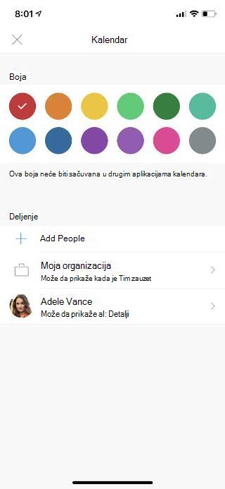 Prikazuje ekran mobilnog uređaja sa Calendar na vrhu. Ispod odeljka 