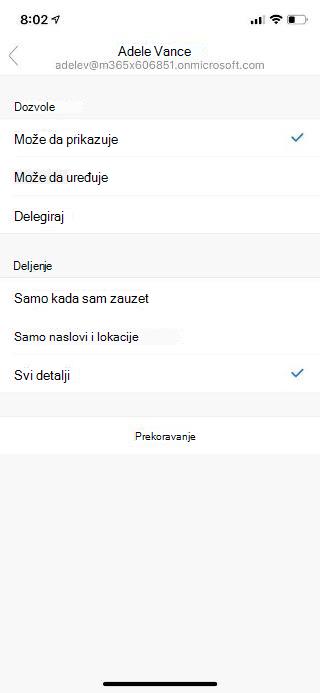 Prikazuje ekran mobilnog uređaja sa imenom osobe na vrhu, kao i opcijama dozvola i opcijama deljenja navedenim u nastavku.