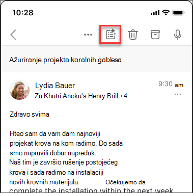 Funkcija Copilot rezimira ikonu da biste rezimirali nit e-pošte u operativnim sistemima iOS i Android.
