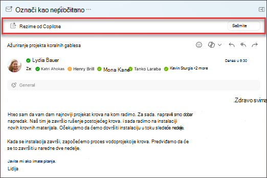 Izaberite rezime za funkciju Copilot da biste kreirali rezime niti e-pošte.