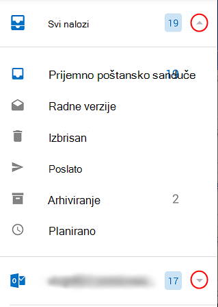 Prikazuje Outlook fascikle sa padajućim strelicama zaokruženim sa desne strane ekrana.