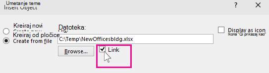 choosing link for inserting a file into powerpoint