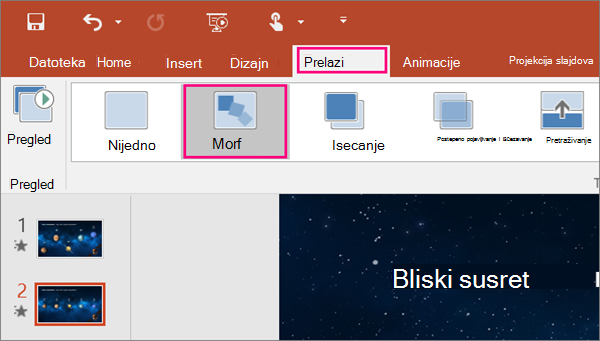 Prikazuje prelaz „Morf“ u meniju „Prelazi“ u programu PowerPoint 2016