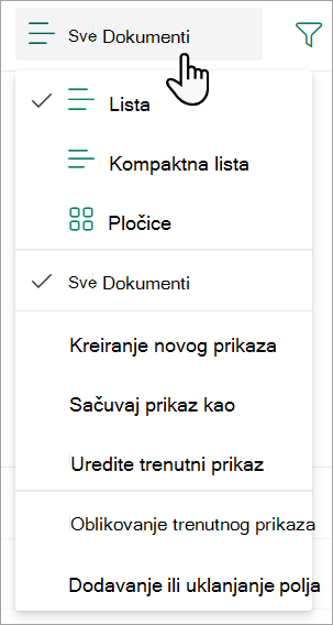 Snimak ekrana koji prikazuje padajuću listu prikaza 