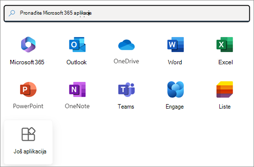 Izbor Microsoft 365 aplikacija. Poslednja pločica je 