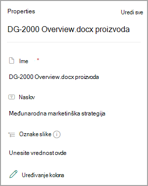 Snimak ekrana koji prikazuje svojstva dokumenta u SharePoint biblioteci.