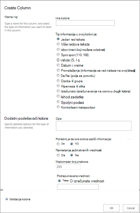 Dijalog „Kreiranje kolone“