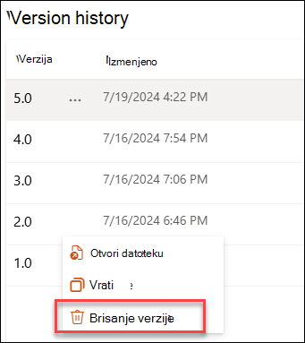 Snimak ekrana koji briše verziju