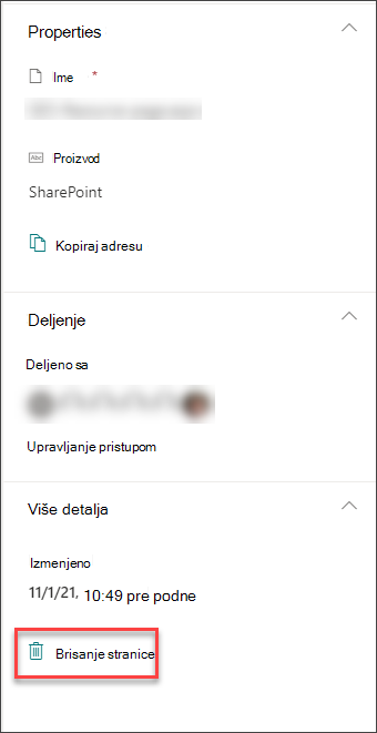 Snimak ekrana opcije brisanja stranice u oknu sa detaljima stranice