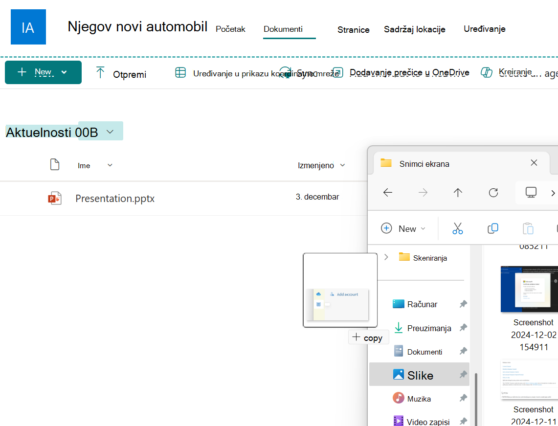 Datoteka slike koja se prevlači iz prozora programa Explorer u SharePoint biblioteku dokumenata