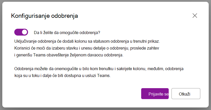 Opcija dijaloga za omogućavanje odobrenja