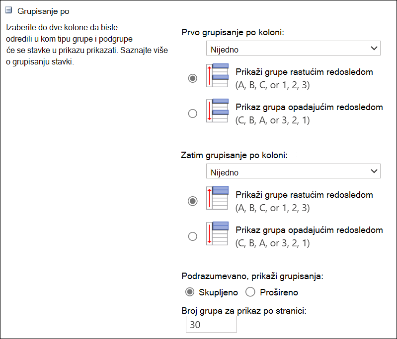 Snimak ekrana grupisanja po do 2 kolone.