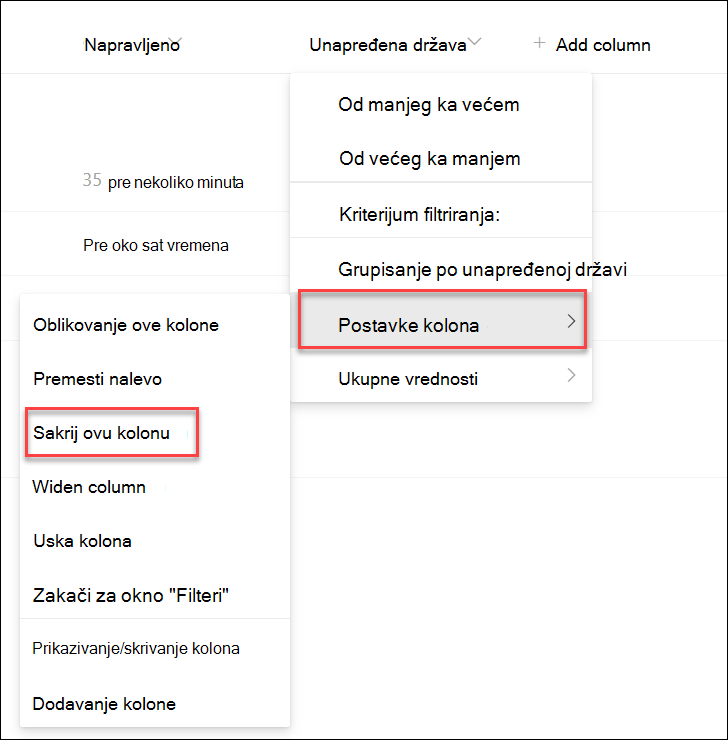 Snimak ekrana skrivanja kolone