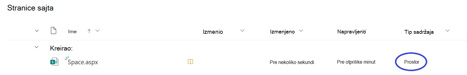 Identifikujte SharePoint prostore tako što ćete otići do biblioteke Stranice na lokaciji i tražiti datoteke sa tipom sadržaja Space