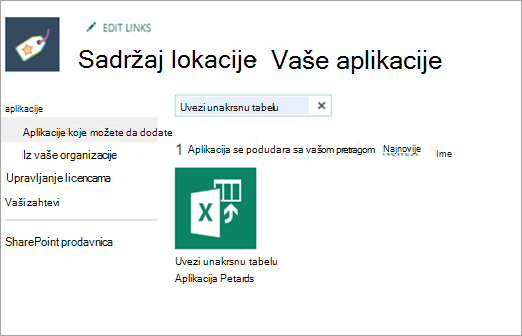 Snimak ekrana unakrsne tabele za uvoz u aplikacijama koje možete da dodate.