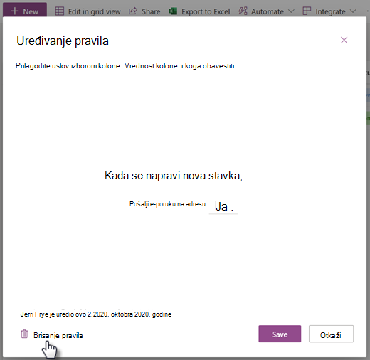 Snimak ekrana brisanja pravila za listu sa stranice 