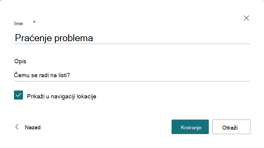 Dijalog za navođenje imena i opisa nove liste